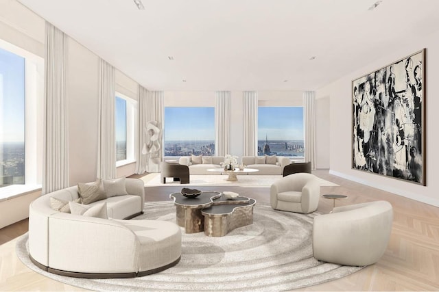 living room with light parquet floors