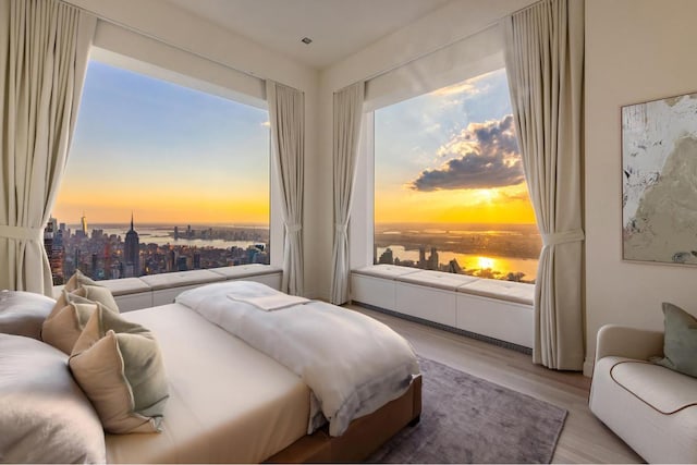 bedroom featuring light wood-type flooring, a city view, and a water view