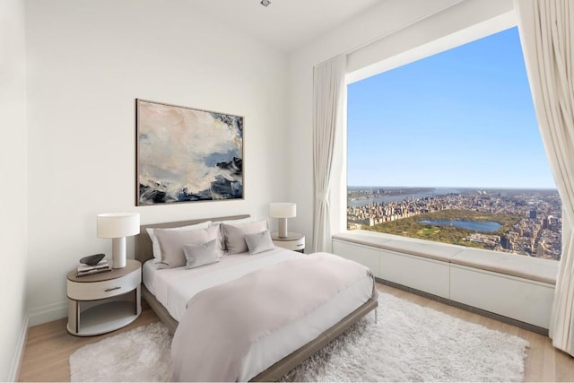 bedroom with light wood-style floors, multiple windows, a city view, and baseboards