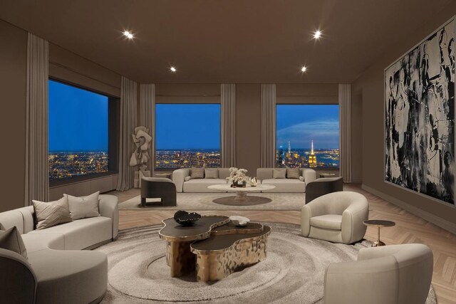 cinema room featuring light parquet flooring