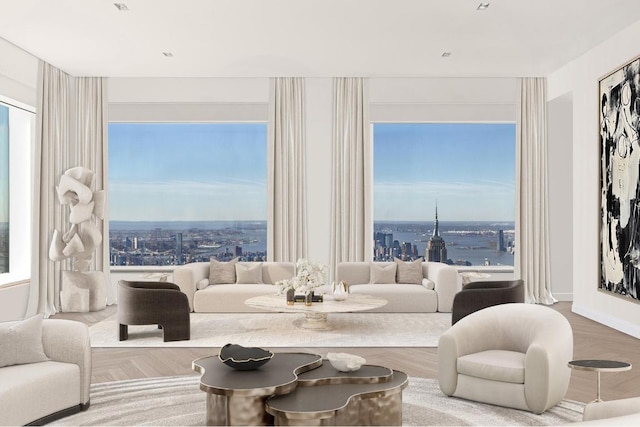 living area featuring a view of city and wood finished floors