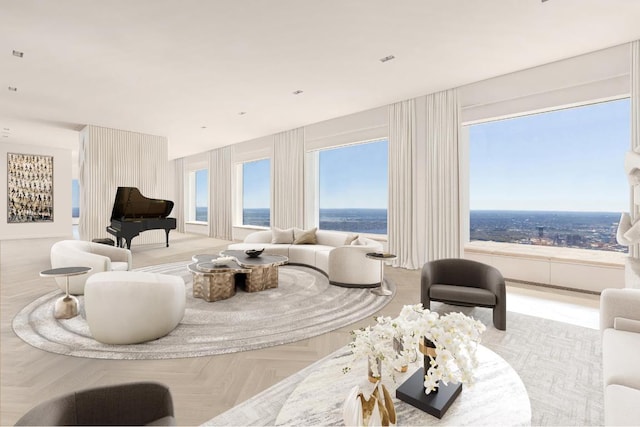 living room featuring a water view and light parquet floors