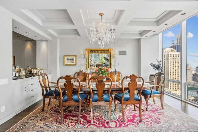 dining area with floor to ceiling windows, coffered ceiling, a notable chandelier, dark hardwood / wood-style flooring, and beamed ceiling