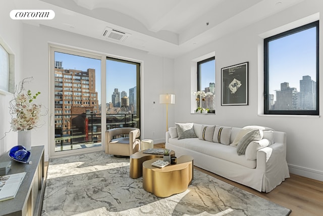 living room with light hardwood / wood-style flooring