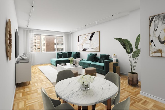 living room with track lighting and light parquet flooring