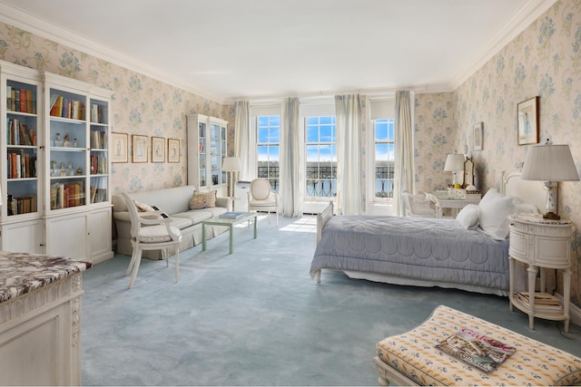 bedroom with wallpapered walls, carpet flooring, and ornamental molding