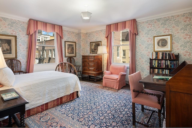 bedroom featuring wallpapered walls, ornamental molding, and multiple windows