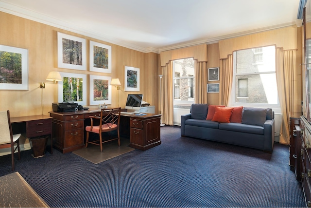 home office featuring dark colored carpet and ornamental molding