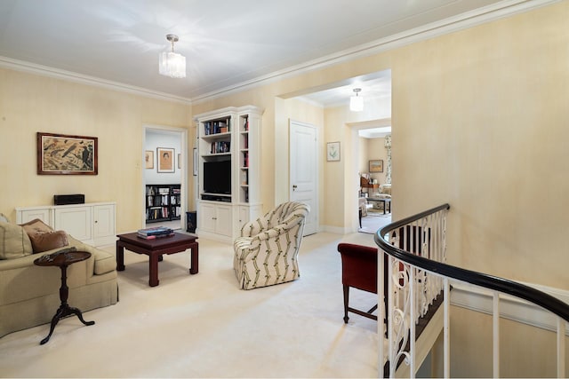 carpeted living area with baseboards and ornamental molding