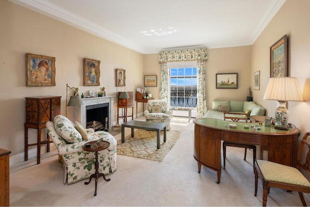 interior space with light carpet and ornamental molding