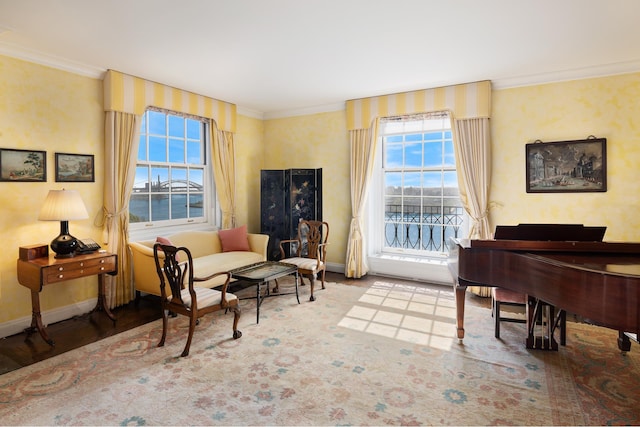 living area featuring plenty of natural light, baseboards, and crown molding