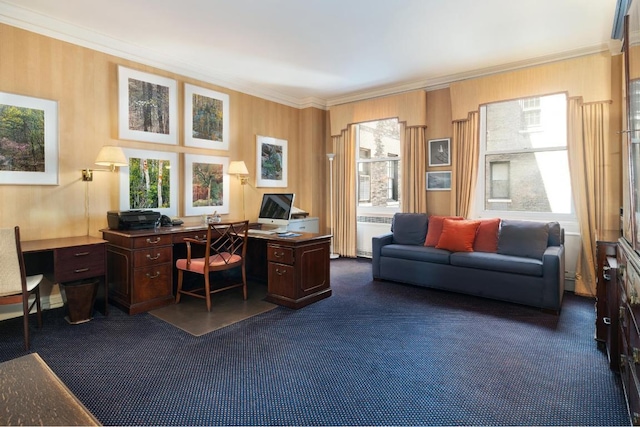 office with ornamental molding and dark carpet