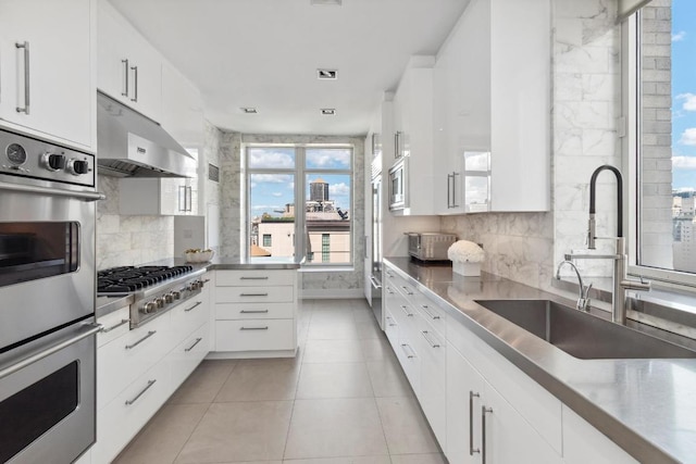 kitchen with sink, white cabinets, decorative backsplash, light tile patterned floors, and stainless steel appliances