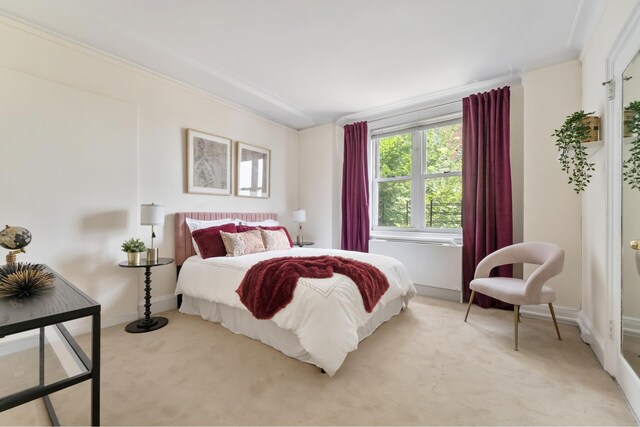 1 E End Ave Unit 3C, New York City, NY 10075 - bedroom featuring light carpet, baseboards, and ornamental molding