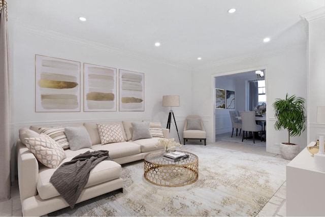 living room with crown molding