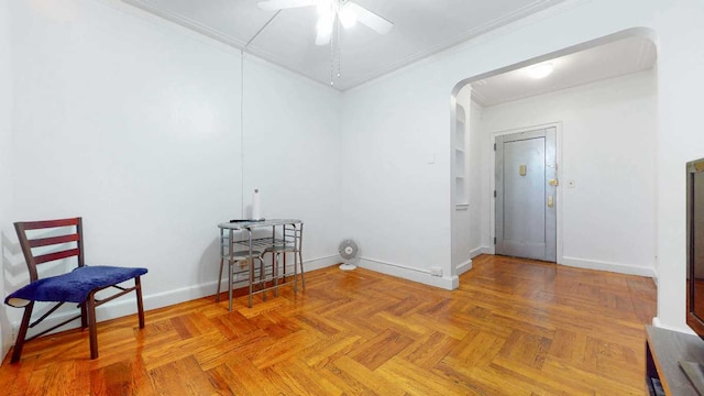 2191 Bolton St Unit 5E, New York City, NY 10462 - interior space featuring ceiling fan, baseboards, arched walkways, and ornamental molding
