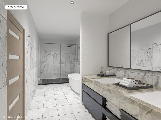 bathroom featuring tile walls, tile patterned floors, vanity, and separate shower and tub