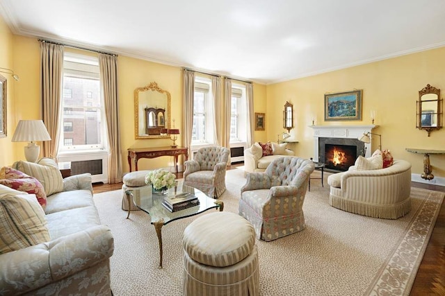 living room with a premium fireplace, radiator heating unit, and ornamental molding