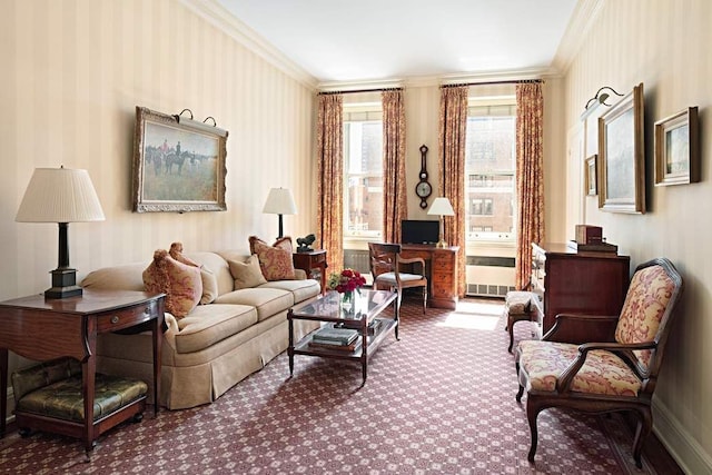 living area with carpet floors and crown molding