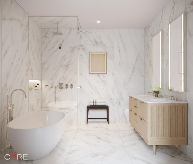 bathroom with vanity, tile walls, and toilet