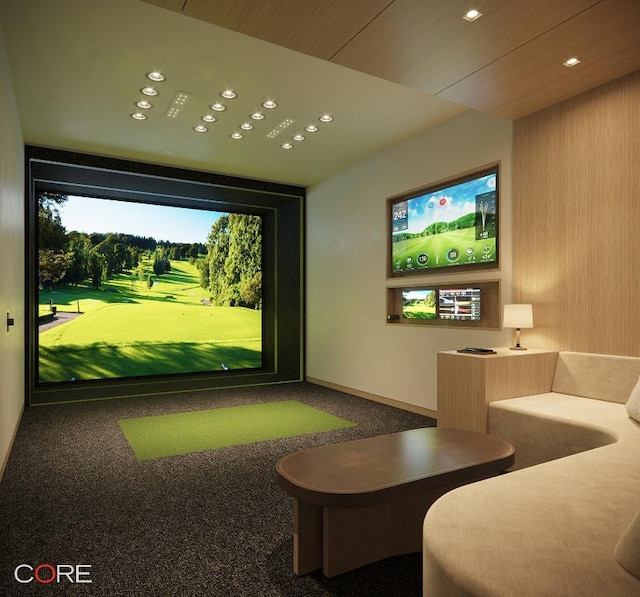 game room with golf simulator and carpet