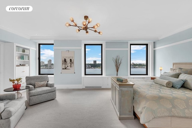 carpeted bedroom featuring an inviting chandelier and crown molding