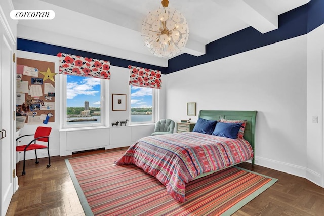 bedroom with beam ceiling, dark parquet flooring, and an inviting chandelier