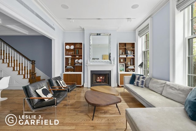 living room featuring a fireplace, ornamental molding, rail lighting, and hardwood / wood-style floors