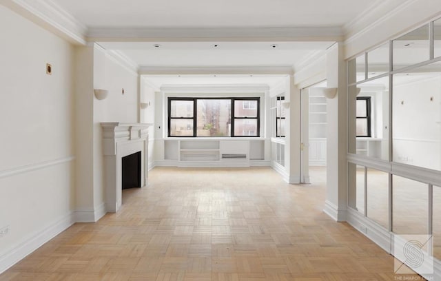 corridor with crown molding and light parquet floors