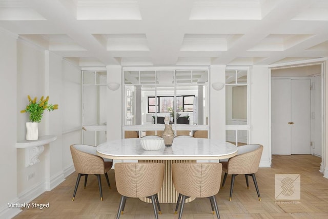 dining room with light parquet floors, beamed ceiling, and coffered ceiling