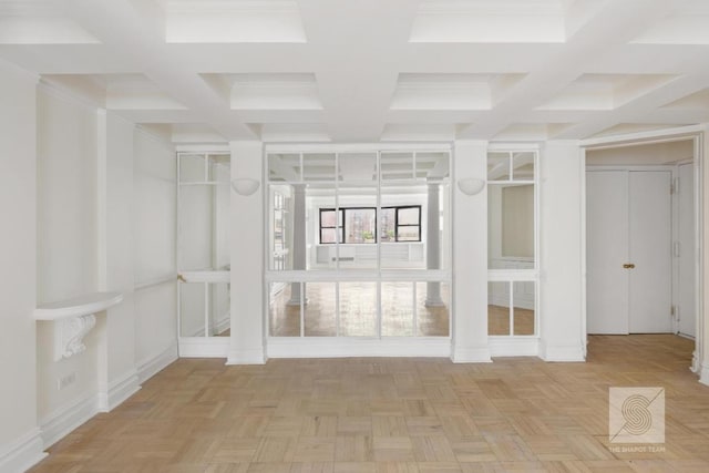 interior space featuring beam ceiling, light parquet flooring, and coffered ceiling