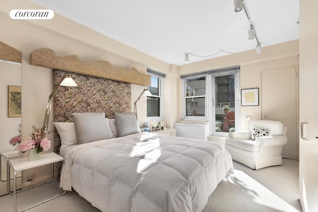 bedroom featuring carpet floors, visible vents, and track lighting