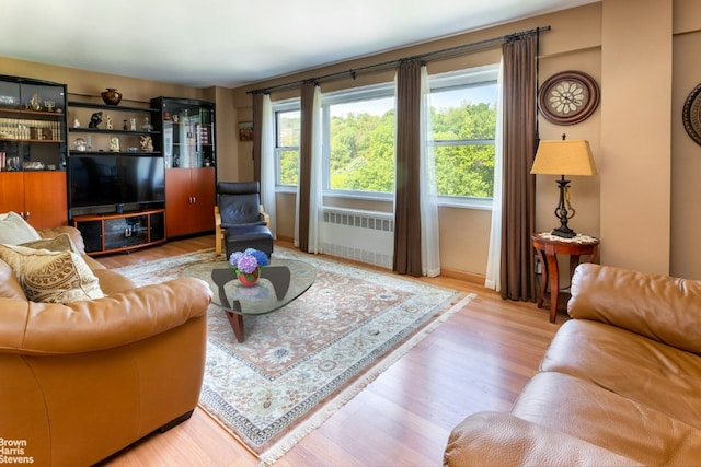 living room with wood-type flooring and radiator heating unit