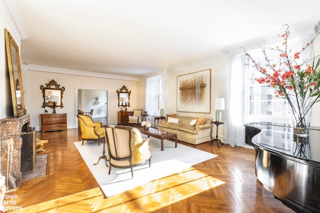 living room with a fireplace, parquet floors, and crown molding