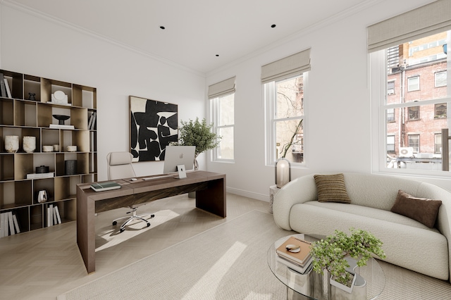 116 E 61st St, New York City, NY 10021 - office area featuring plenty of natural light, ornamental molding, and baseboards