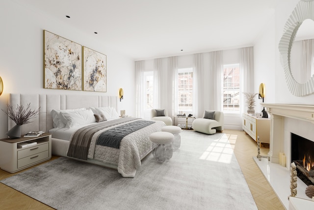 bedroom featuring a warm lit fireplace