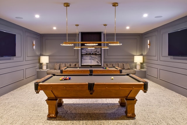 playroom with pool table, a decorative wall, and recessed lighting