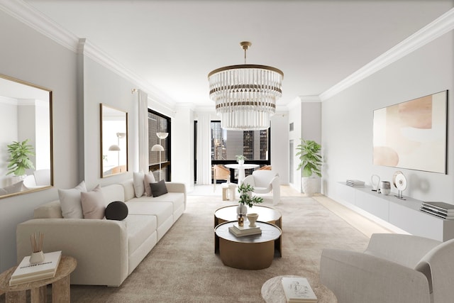 carpeted living area featuring a notable chandelier and crown molding