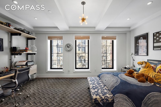 bedroom with recessed lighting, beam ceiling, baseboards, and an inviting chandelier