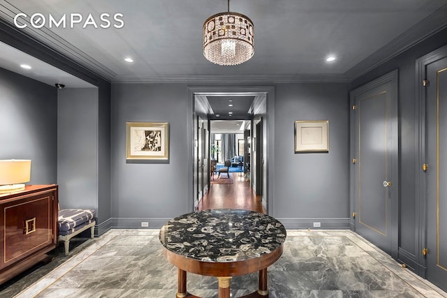 hallway featuring baseboards, recessed lighting, an inviting chandelier, and crown molding