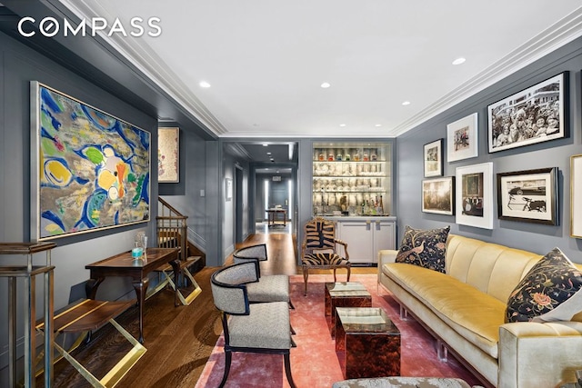 interior space with recessed lighting, crown molding, stairway, and wood finished floors