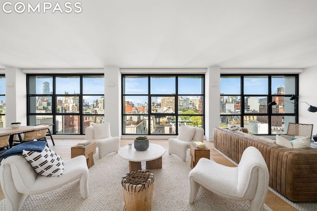 living room featuring expansive windows, a healthy amount of sunlight, and hardwood / wood-style flooring