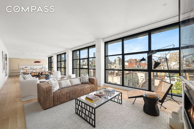 living room featuring light hardwood / wood-style flooring and floor to ceiling windows