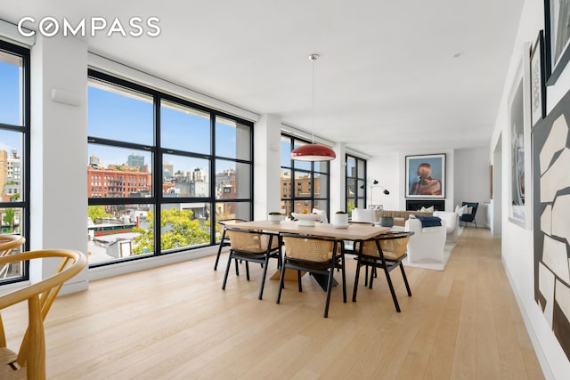 dining room featuring light wood finished floors, a wall of windows, and a city view