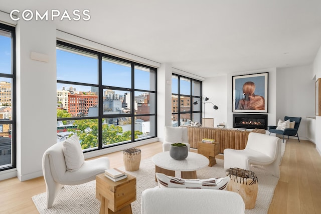 living room featuring a view of city, light wood-type flooring, a glass covered fireplace, and a wealth of natural light