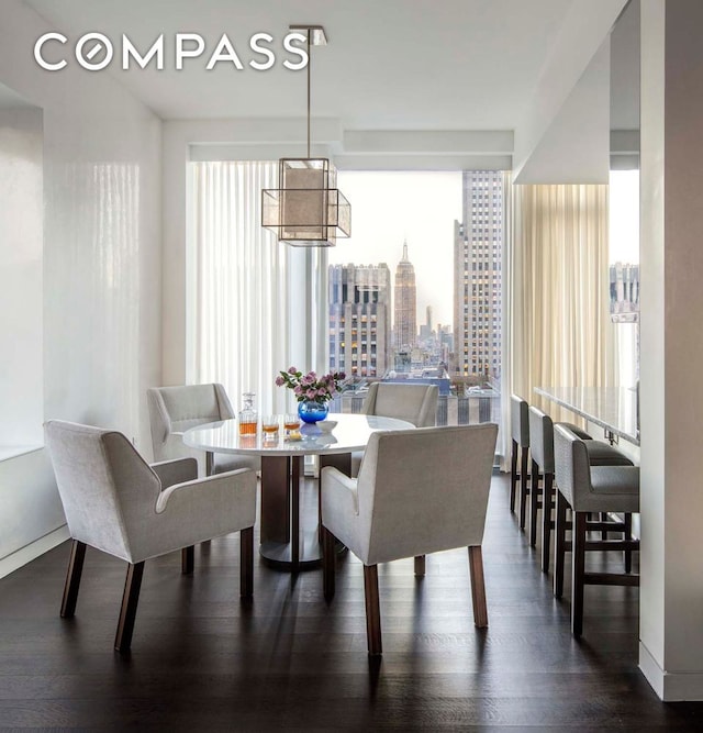 dining space with dark wood-type flooring, a healthy amount of sunlight, and a view of city