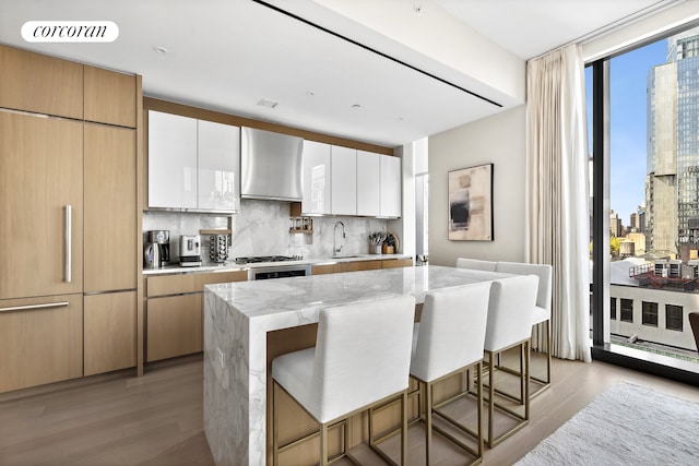 kitchen with range hood, light wood-style flooring, backsplash, a sink, and a kitchen island