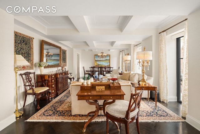 dining room with coffered ceiling, a notable chandelier, dark wood-type flooring, ornamental molding, and beam ceiling