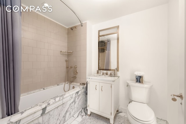 bathroom with shower / tub combo, vanity, toilet, and tile patterned floors