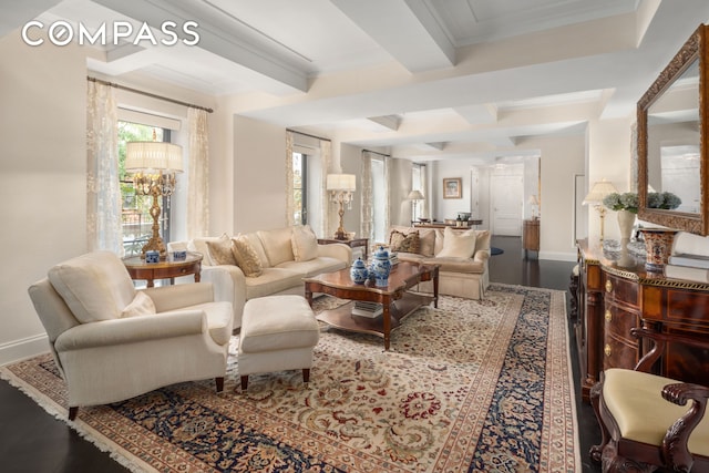 150 W 12th St Unit 3West, New York City, NY 10011 - living room with crown molding, wood finished floors, baseboards, beamed ceiling, and coffered ceiling